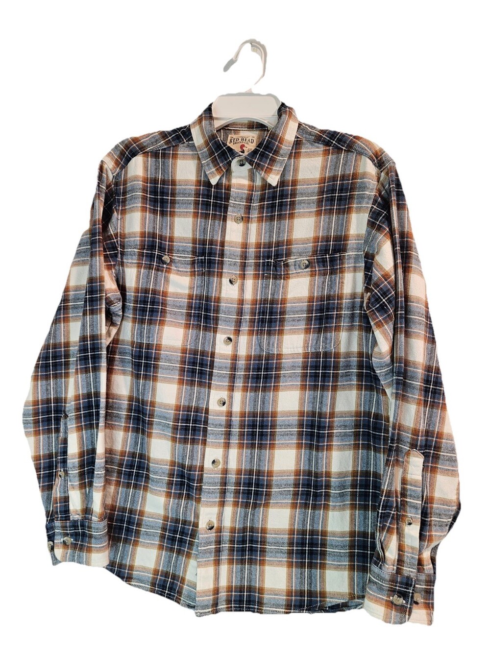 Red Head Brand Co Shirt Mens Sz M Brown Blue White Plaid Flannel Flap Pockets